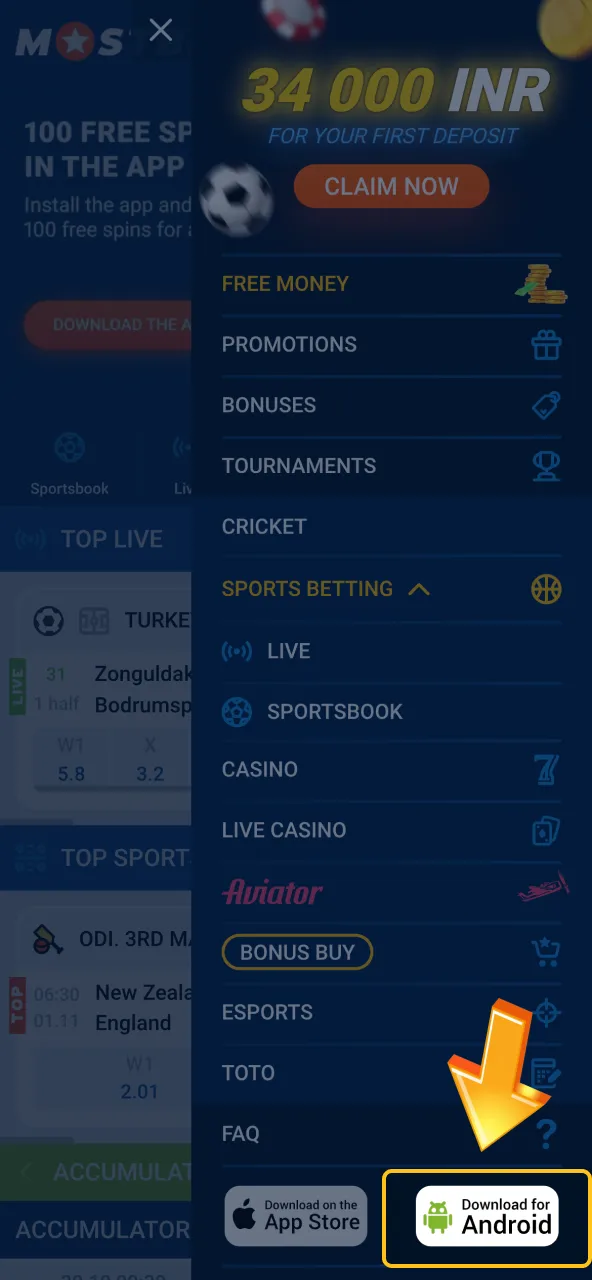 Find Android option in Mostbet.