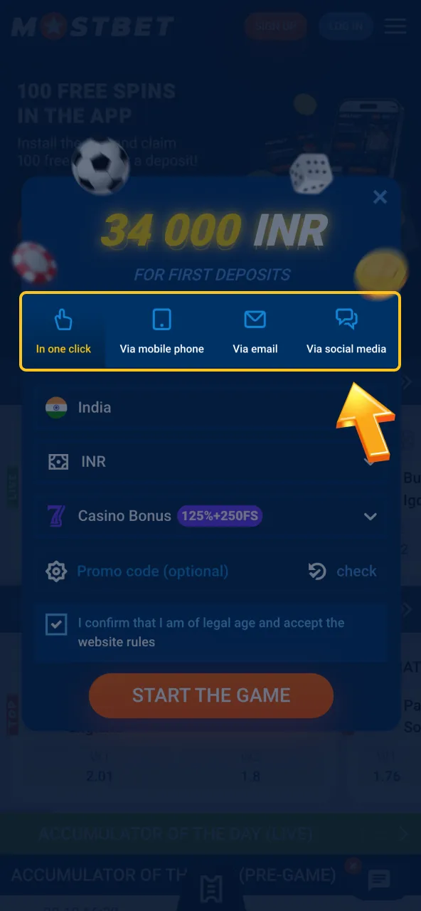 Select Mostbet sign-up method.