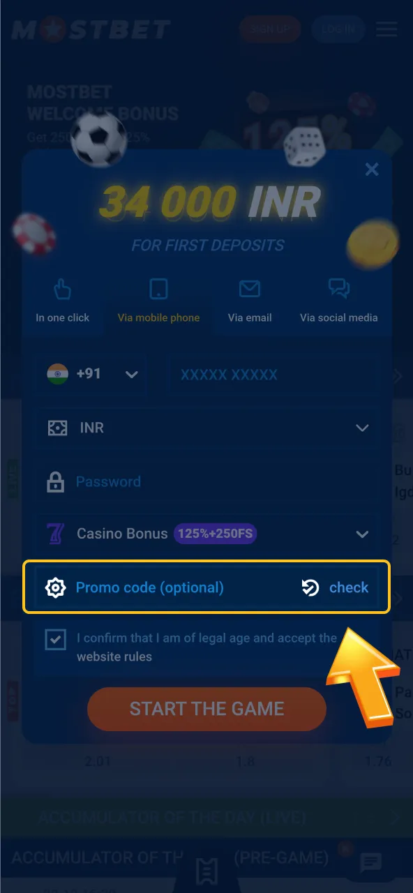 Add Mostbet code or skip section.