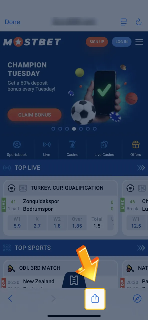 Share Mostbet from Safari menu.